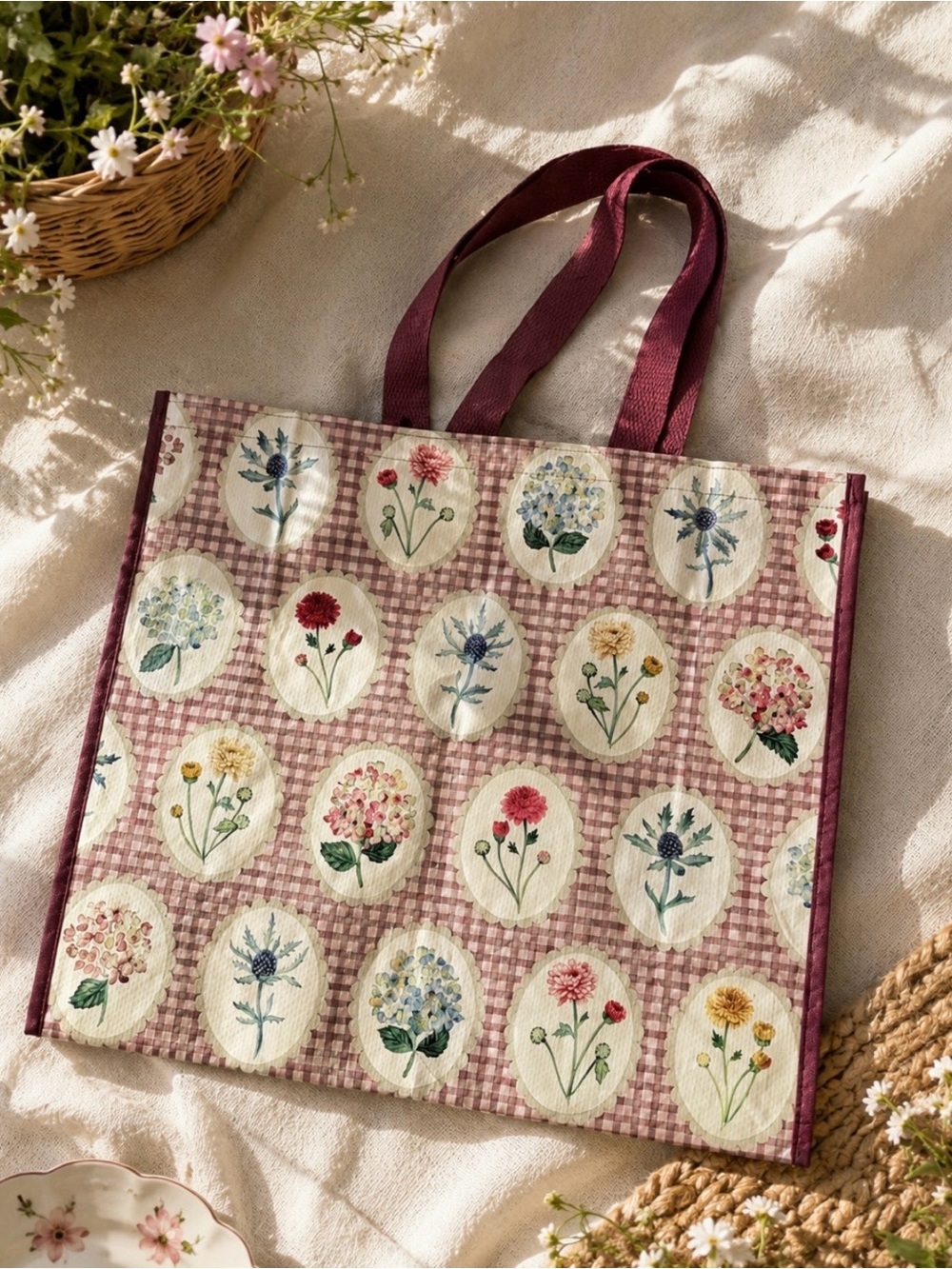 Gingham floral print reusable tote bag